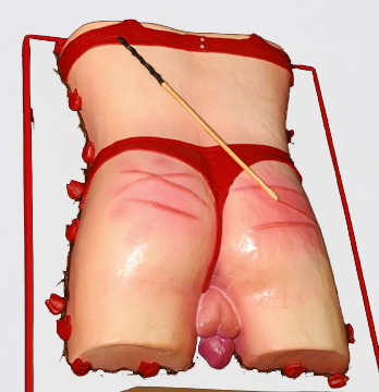 A cake designed to resemble a human torso in red lingerie, decorated with a small whip on top. Red rose-shaped accents adorn the edges.